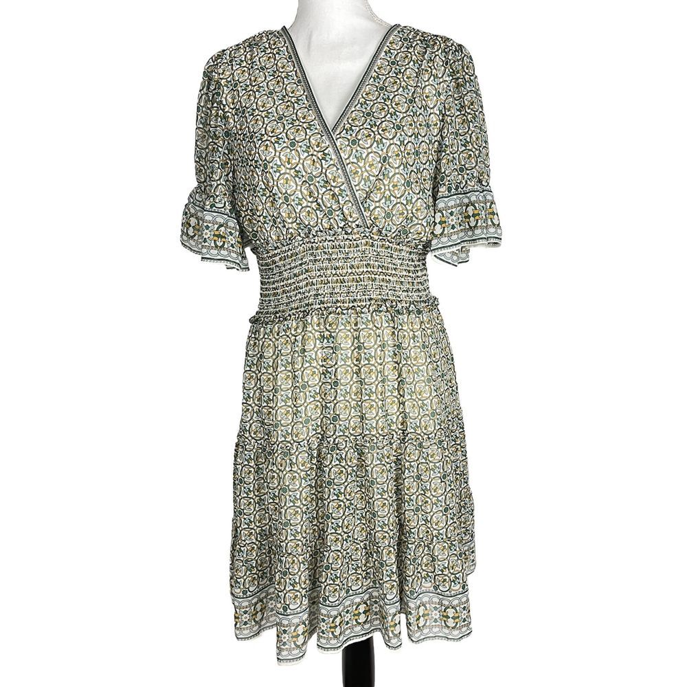 Max Studio Butterfly Sleeve Green Floral Print Tiered Dress Women's Size L